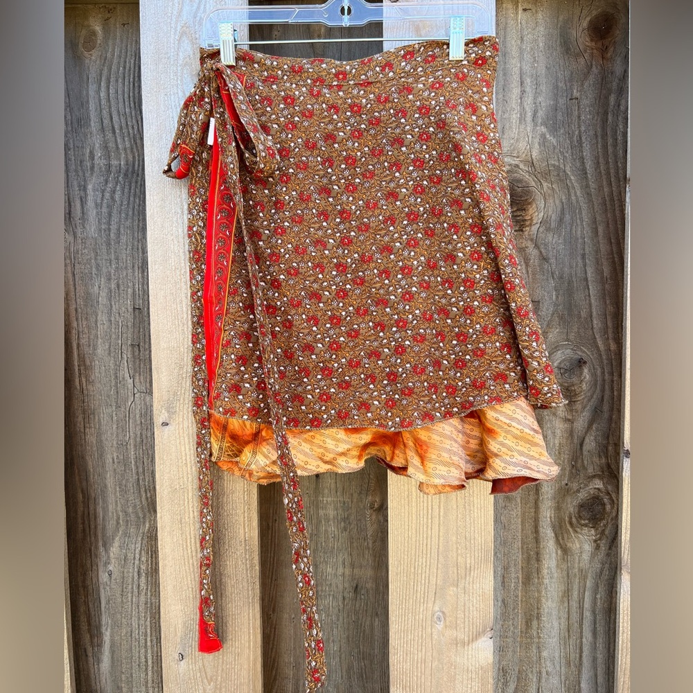 Boho Sari Reversible Wrap Skirt in Brown and Red